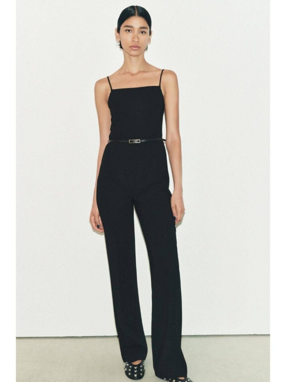 Zara Black Sleeveless L Jumpsuit Spaghetti Strap Belted straight 8825/186 NWT